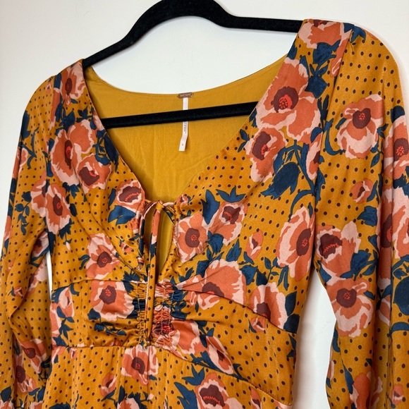 FREE PEOPLE Morning Light Boho Floral Satin Longsleeve Fit and Flare Mini Dress - Picture 5 of 12